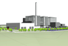 3D-model af bygningerne for det biomassefyrede kraftvarmeværk, som har til huse i bygningerne til venstre for skorstenen. Til højre for skorstenen ligger forbrændingsanlægget og affaldssiloen. De to anlæg skal dele selve skorstensrøret, så skorstenen bliver en ny skorsten til erstatning for den nuværende.
