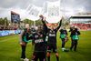 FC Midtjyllands Pione Sisto og Jakob Poulsen jubler efter kampen mod FC Vestsjælland.