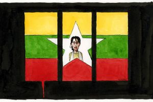 En vigtig del af militærets drejebog for at vinde valget i Myanmar er at udelukke Aung San Suu Kyi og hendes partis parlamentsmedlemmer, som vandt en jordskredssejr ved valget i 2020. Tegning: Rasmus Sand Høyer