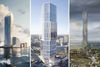 Tre markante højhusbyggerier i Danmark: Til venstre Lighthouse på Aarhus' yderste havnekant (128 meter), i midten Mindet i Aarhus på 144 planlagte meter i højden, og til højre ses Brandes nye vartegn, et 320 meter højt højhus.