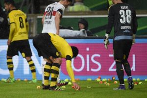 Spillerne samler tennisbolde op smidt af Dortmunds fans under opgøret mod VfB Stuttgart. Den gule regn var en protest mod de stigende billetpriser i Tyskland. Foto: Marijan Murat/AP