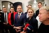 Finansminister Nicolai Wammen, SFs Pia Olsen Dyhr, Alternativets Uffe Elbæk, Radikales Morten Østergaard og Enhedslistens Pernille Skipper holder pressemøde efter finansloven er i hus. Foto: Jens Dresling/Ritzau Scanpix