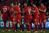 Liverpools Steven Gerrard fejres efter den første af sine to scoringer i mandagens kamp.