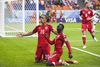 Yussuf Poulsen (nr. 20) blev matchvinder for Danmark mod Peru. Her jubler han sammen med Pione Sisto. Foto: Gregers Tycho