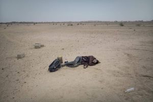 En migrant er udmattet faldet om i ørkenen efter at være blevet forladt af menneskesmuglere. Han blev reddet af en militærpatrulje. Foto: Sven Torfinn/Panos Pictures