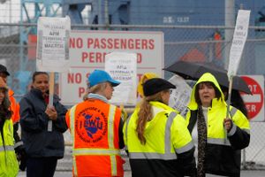 Strejkende havnearbejdere proteserer mod APM Terminals og dermed Mærsk under en otte dage lang konflikt i Los Angeles, der sluttede onsdag morgen.