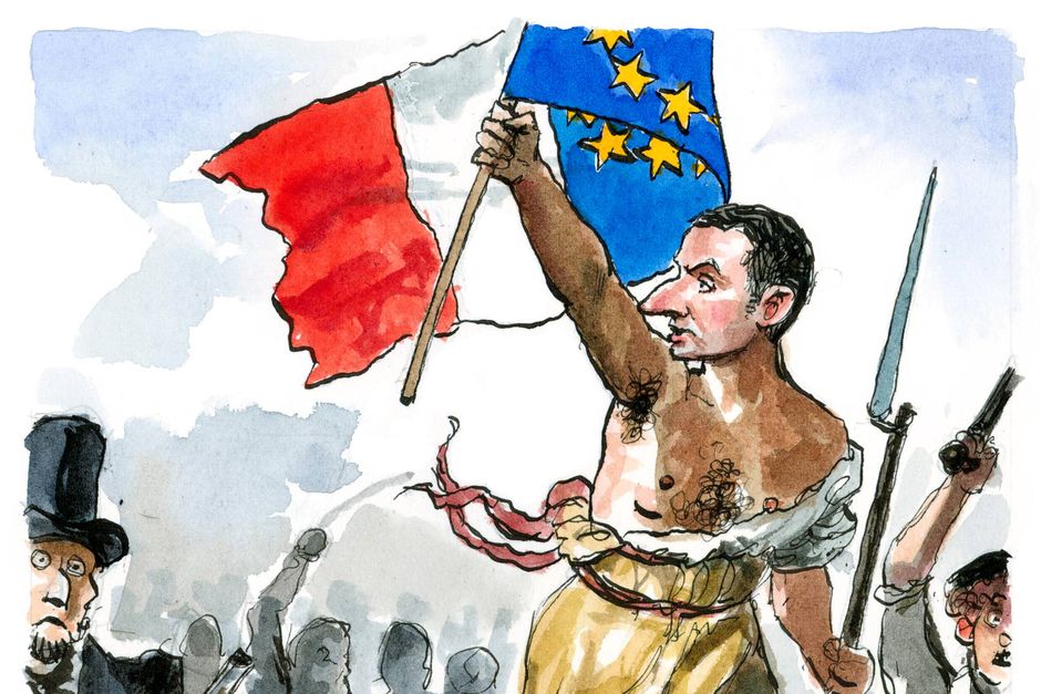 2022 vil bliver præget af Emmanuel Macron og det franske formandskab for EU, men om Macrons grundtanke om europæisk suverænitet kan nå at slå rod inden udgangen af juni, er tvivlsomt, mener Per Nyholm. Arkivtegning: Rasmus Sand Høyer