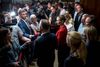 Mette Frederiksen fra Socialdemokratiet, Pia Olsen Dyhr fra SF, Pernille Skipper fra Enhedslisten og Morten Østergaard fra Radikale efter de afsluttede regeringsforhandlinger i Landstingssalen på Christiansborg. Foto: Mads Claus Rasmussen/Ritzau Scanpix