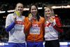 Pernille Blume (th.) tog med en bronzemedalje i 100 meter fri den anden danske medalje under svømme-EM på kortbane i København efter Sveriges Sarah Sjøstrøm (t.v.) og hollandske Ranomi Kromowidjojo. Foto: Jens Dresling