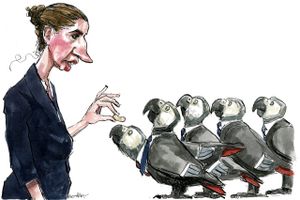 Tilliden til de neutral embedsmænd er blevet svækket under Mette Frederiksens socialdemokratiske regering, da tidligere socialdemokrater er blevet indsat som presse- og kommunikationschefer i ministerierne, og Statsministeriets departementschef, Barbara Bertelsen, har handlet med tydelige politiske motiver, mener Peter Skaarup. Arkivtegning: Rasmus Sand Høyer
