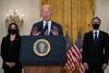 US President Joe Biden, with Vice President Kamala Harris (L) and Secretary of State Antony Blinken, speaks about the ongoing US military evacuations of US citizens and vulnerable Afghans, in the East Room of the White House in Washington, DC, on August 20, 2021. - Biden said Friday he could not guarantee the final outcome of the emergency evacuation from Kabul's airport, calling it one of the most "difficult" airlift operations ever. (Photo by ANDREW CABALLERO-REYNOLDS / AFP)