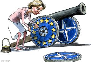Tyske Ursula von der Leyen tager fat på den nye EU-kommission, der med fordel kunne udvikles til en regering, mener Per Nyholm. Arkivtegning: Rasmus Sand Høyer.
