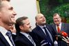 Fadderne bag finansloven for 2016: Fra venstre Kristian Thulesen Dahl (DF), Anders Samuelsen (LA), Søren Pape Poulsen (K) og finansminister Claus Hjort Frederiksen (V). Arkivfoto: Kaare Smith/Polfoto
