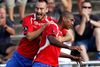 FC Vestsjællands Sladan Peric og Jean-Claude Bozga jubler efter scoringen til 1-0 over AaB.