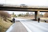 Politihunde snuser rundt, efter et stenkast har fundet sted fra en vejbro over en motorvej i Nordjylland. Arkivfoto: René Schütze
