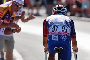 Thibaut Pinot på vejen op mod målstregen, hvor hans ellers flotte kørsel ikke rakte til en triumf på 9. etape i Tour de France. I stedet vandt Bob Jungels fra Ag2r en flot solosejr. (Photo by Thomas SAMSON / AFP)  