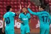 Braithwaite kun fejre scoringen med Messi og Griezmann. Foto: JAIME REINA / AFP
