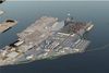 Skråbillede af den foreslåede yderhavn, der viser hovedforslag til udvidelsen fra Aarhus Kommune. Modellens hovedkomponenter er bl.a. moler med tophøjde på fire meter over havet og en containerterminal med seks containerkraner vist i naturlig yderposition og indstillet i deres højeste højde på 144 meter. Illustration: Aarhus Kommune