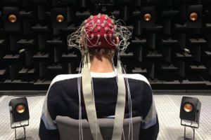 Elektroder på hovedet aflæser hjerneaktiviteten i forsøgene på DTU. Når signalerne analyseres, kan forskerne finde ud af, hvilken lydkilde forsøgspersonens opmærksom er rettet imod. Foto: DTU Elektro/Videnskab.dk