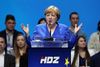 German Chancellor Angela Merkel delivers a speech during the European People's Party (EPP) and the Croatian Democratic Union (HDZ) campaign rally for the European Parliament elections in Zagreb, on May 18, 2019. (Photo by Damir SENCAR / AFP)