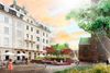 Det er en midlertidig løsning med masser af grønt, men uden vand, som arkitektfirmaet Scønherr har tegnet som afløser for "Vanddragen" på Store Torv. Illustration: Scønherr
