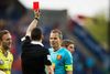 FC Nordsjællands anfører Nikolai Stokholm får det røde kort foran Brøndby IFs Dennis Rommedahl.