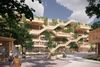 Med et kompakt p-hus bliver der også plads til byrumsliv i det nye p-hus på Sydhavnen, der skal bygges i træ. Visualisering: Jaja Architects og Open Platform