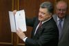 En glad ukrainsk præsident, Petro Porosjenko, fremviste den underskrevne aftale med EU i parlamentet i Kiev. Foto: Efrem Lukatsky/AP