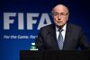 Sepp Blatter på talerstolen i ved pressekonferencen, der blev afholdt i Fifa’s hovedkvarter i Zürich, Schweiz.