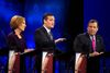 Ted Cruz (i midten) vil have, at ordstyrerne til de kommende tv-debatter mellem de republikanske præsidentkandidater skal være republikanere selv. Carly Fiorina (tv.) og Chris Christie (th.) vil bare gerne debattere og har bedt deres kollegaer om at stoppe med at brokke sig.