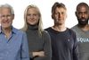 Jyllands-Postens fire VM-kommentatorer: Fra venstre tidligere landstræner Morten Olsen, kvindelandsholdets anfører Pernille Harder, fodboldkommentator Morten Bruun og AGF-træner David Nielsen. Foto: Joachim Ladefoged. Collage: Annelise Ploug