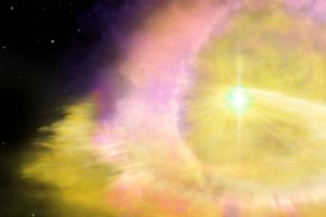 Når en stjerne, der har mindst otte gange så stor masse som Solen, dør, sker det i en voldsom eksplosion, som kaldes en supernova. Nu har forskere fra blandt andet Niels Bohr Instituttet observeret den kraftigste supernova nogensinde. Forskerne mener, at den stammer fra et sammenstød mellem to stjerner. Illustration: Aaron Geller/Northwestern University/Reuters