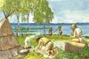 Her er en kunstners bud på, hvordan dagliglivet kan have udfoldet sig ved Trollesgave. Illustration: Henning E. Jensen