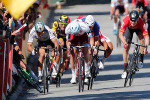 Mark Cavendish er flere gange styrtet ud af Tour de France - her i 2017, hvor han ligger ude i barrieren efter et sammenstød med Peter Sagan (yderst tv.), der blev smidt ud af løbet efter hændelsen. (AP Photo/Christophe Ena)