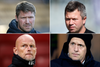FCK's tidl. cheftræner Ståle Solbakken (nederst tv.) blev fyret tilbage i oktober, men han er ikke alene om den oplevelse. Øverst til venstre: Jonas Dal Andersen. Øverst til højre: Christian Nielsen. Nederst til højre: Jakob Michelsen. Fotos: Jens Dresling/Ritzau Scanpix. Collage: JP
