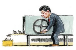 Xi Jinping lægger nu mere vægt på Kinas sikkerhedspolitik end vækst. Det betyder blandt andet, at landets militær får mere bevågenhed. Tegning: Rasmus Sand Høyer