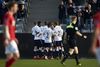 AGF-spillerne jubler efter Mustapha Bundus scoring til 1-0 i søndags mod Silkeborg IF. Holdet kan sikre sig en ny sæson i Superligaen, hvis det vinder, og Silkeborg taber i næste runde. Foto: Mikkel Berg Pedersen/Ritzau Scanpix