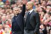 Manchester Uniteds manager Jose Mourinho t.v. og Manchester Citys Pep Guardiola. Foto: Martin Rickett/AP