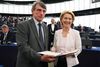 Newly elected European Commission President Ursula von der Leyen is congratulated by the European Parliament President David-Maria Sassoli (L) after a vote on her election at the European Parliament in Strasbourg, eastern France, on July 16, 2019. - German defence minister Ursula von der Leyen was narrowly elected president of the European Commission on July 16, after winning over sceptical lawmakers. The 60-year-old conservative was nominated to become the first woman in Brussels' top job last month by the leaders of the bloc's 28 member states, to the annoyance of many MEPs. (Photo by FREDERICK FLORIN / AFP)