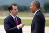 Scott Walker (tv.) offentliggjorde mandag, at han vil være Republikanernes bud på at afløse Barack Obama (th.) som USA's præsident.