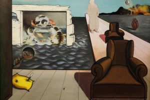 Harry Carlsson: "De tomme sæders passager, 1934. Collage-maleri, papir og olie på lærred. 60,5 x 84 cm.  Foto: Lars Svanholm