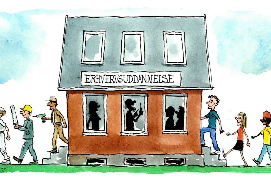 Det nytter ikke, at det gode liv alene ligger for enden af en universitetsuddannelse, så vi ikke får uddannet tilstrækkeligt mange og dygtige professionelle til vores hospitaler, børnehaver, sociale botilbud og skoler, skriver Camilla Wang. Arkivtegning: Rasmus Sand Høyer