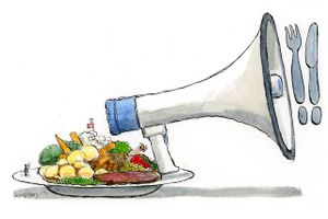 Det kræver altså mere end almindelig diskussion for at nå til enighed, når man udvider madens rolle fra sultstiller og nydelse til også at være energipolitik og personlige præferencer som økologisk og biodynamisk mad. Tegning: Rasmus Sand Høyer