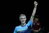 Denmark's Viktor Axelsen celebrate after win against Indonesia's Anthony Sinisuka Ginting during the semi-final round of the men's single match in the Indonesia Masters badminton tournament at the Istora Stadium in Jakarta, Indonesia, Saturday, June 11, 2022. (AP Photo/Achmad Ibrahim)
