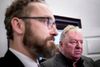 Transportminister Ole Birk Olesen overlevede ministerstormen. I baggrunden Dansk Folkepartis transportordfører, Kim Christiansen, der direkte har kaldt Ole Birk Olesen »arrogant«. Foto: Nanna Navntoft/Polfoto