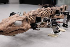 Robotten Orobot er lavet udfra fossiler af skelet og fodspor fra fortidsdyret Orobates. Foto: Tomislav Horvat (EPFL Lausanne), Kamilo Melo (EPFL Lausanne) via Videnskab.dk
