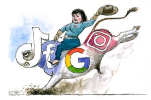 Der er galopperende nødvendigt at få tæmmet techgiganternes indflydelse på børn på de sociale medier, mener Karina Lorentzen Dehnhardt. Tegning: Rasmus Sand Høyer