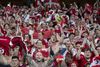 De medrejsende danske fans var lykkelige efter 2-1-sejren over Tjekkiet i Baku. Foto: Liselotte Sabroe/Ritzau Scanpix
