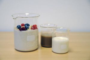 Den nye yoghurt består af tre ingredienser: Soja, mask og mælkesyrebakterier. Til venstre ses yoghurten ved siden af sojadrik og plantebasen (mask). Foto: Claus Heiner Bang-Bertelsen og Anders Peter Wätjen