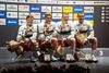 VM i banecykling i Berlin: De danske verdensrekordholdere vinder VM i 4000 meter holdforfølgelsesløb og slår deres egen verdensrekord. Holdet på med VM-trøje og guldmedaljer om halsen. Fra venstre mod højre er det Lasse Norman Hansen, Julius Johansen, Frederik Rodenberg og Rasmus Lund Pedersen.